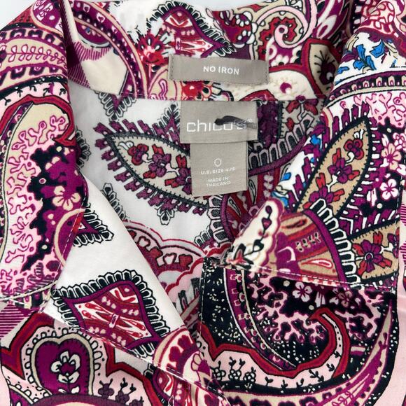 Chico's No-Iron Sateen Wing-Collar Shirt Women's Paisley Print Button Down Small - Picture 8 of 13